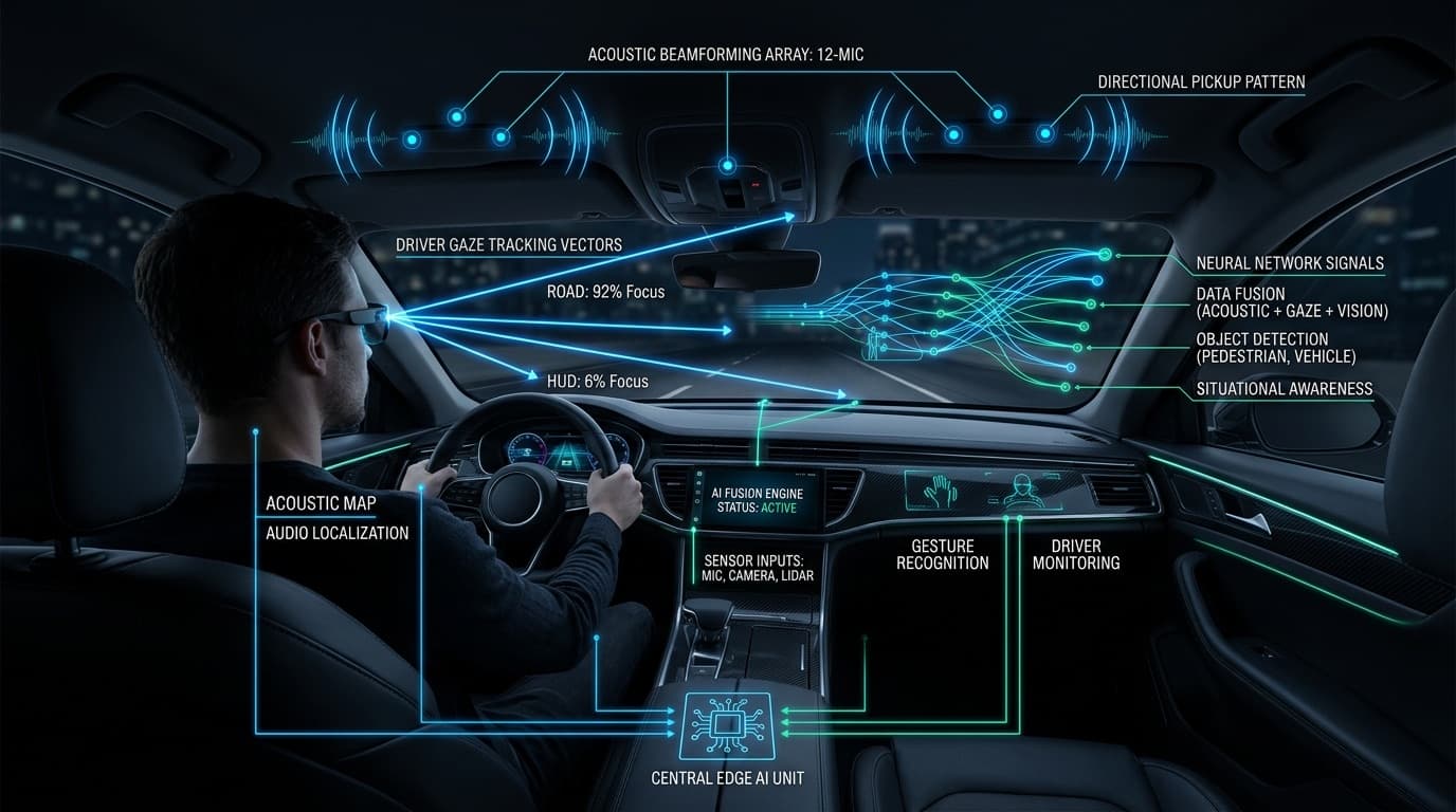 Figure 1: Multi-Modal Sensor Fusion & In-Cabin Spatial Audio Architecture